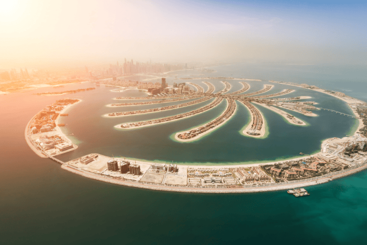 Aerial view of artificial palm island in Dubai.