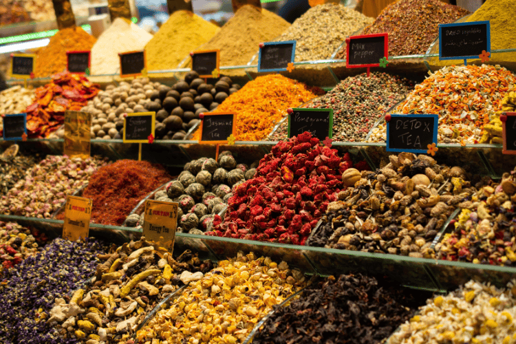 Dried tea, fruits, herbs, flowers at Istanbul Spice Bazaar