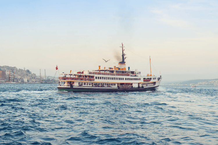 The ship carries passengers along the Bosporus Strait.