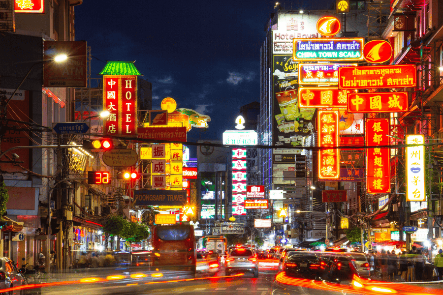 A vibrant night view of Yaowarat Road in Bangkok's Chinatown