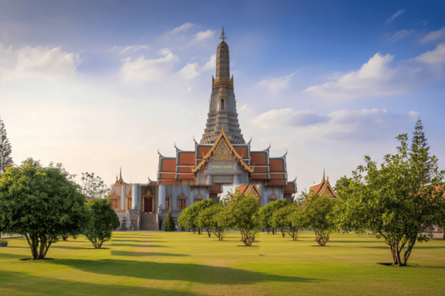 The ornate central prang (spire) of Wat Arun (Temple of Dawn) in Bangkok, Thailand