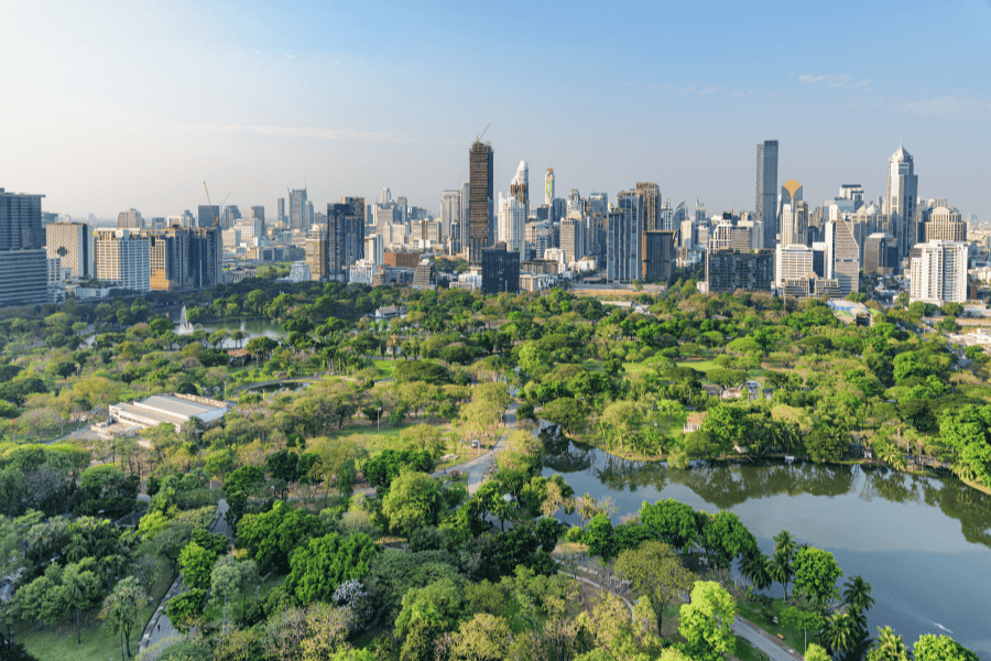 An elevated, wide-angle view of Lumphini Park in Bangkok, featuring a lush green canopy of trees and a calm lake