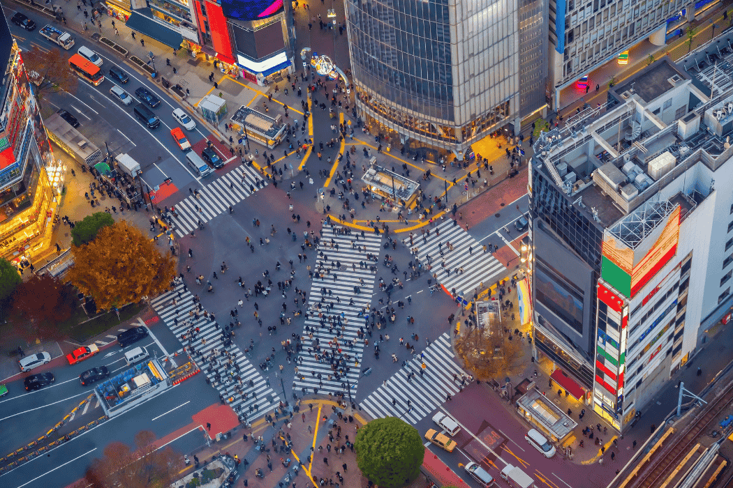Aerial View of Shibuya Crossing at night in Tokyo