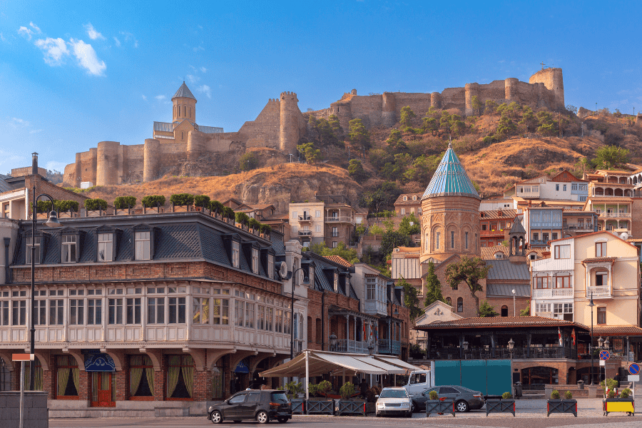 Historic Narikala Fortress overlooking the Abanotubani district in Tbilisi.