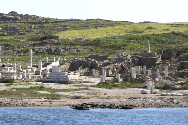 Archaeological Site of Delos as seen from the ferry, UNESCO World Heritage Site on Delos Island