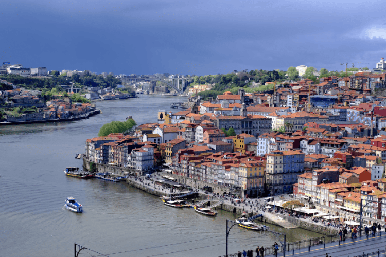A stunning panoramic view of the colorful city of Porto, Portugal, as seen from across the Douro River.