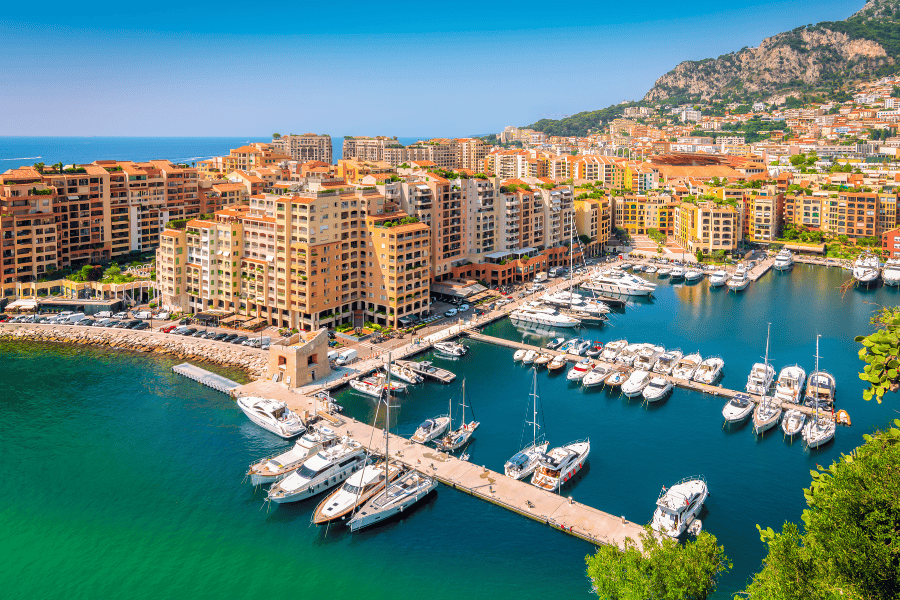 A vibrant, high-angle view of Fontvieille Harbour in Monaco.
